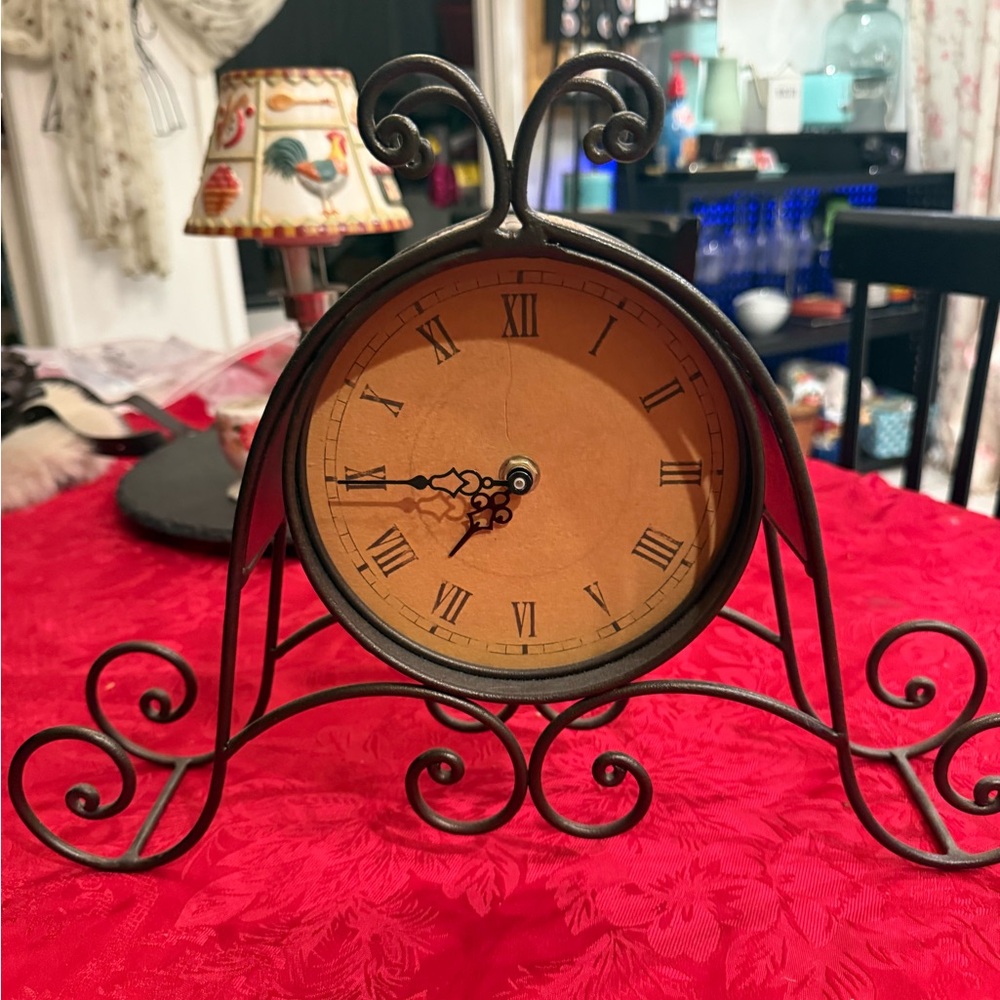 Vintage Iron Scrollwork Table Clock with Tan Face